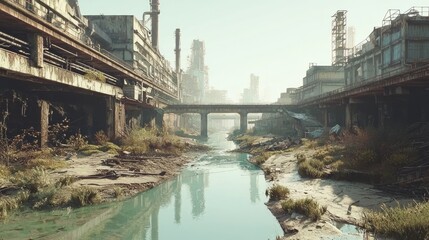 Fototapeta premium Toxic River Flowing Through Abandoned Industrial Landscape