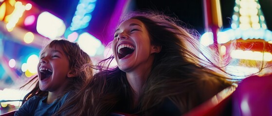 Obraz premium Laughing girls on amusement park ride enjoying night out at carnival with colorful lights in the background, capturing joy and excitement of childhood.