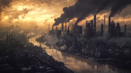 Fototapeta premium Dark Industrial Complex with Smoke and Atmospheric Clouds at Dusk