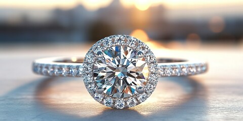 Fototapeta premium Elegant engagement ring glistening in sunset with city skyline in the background