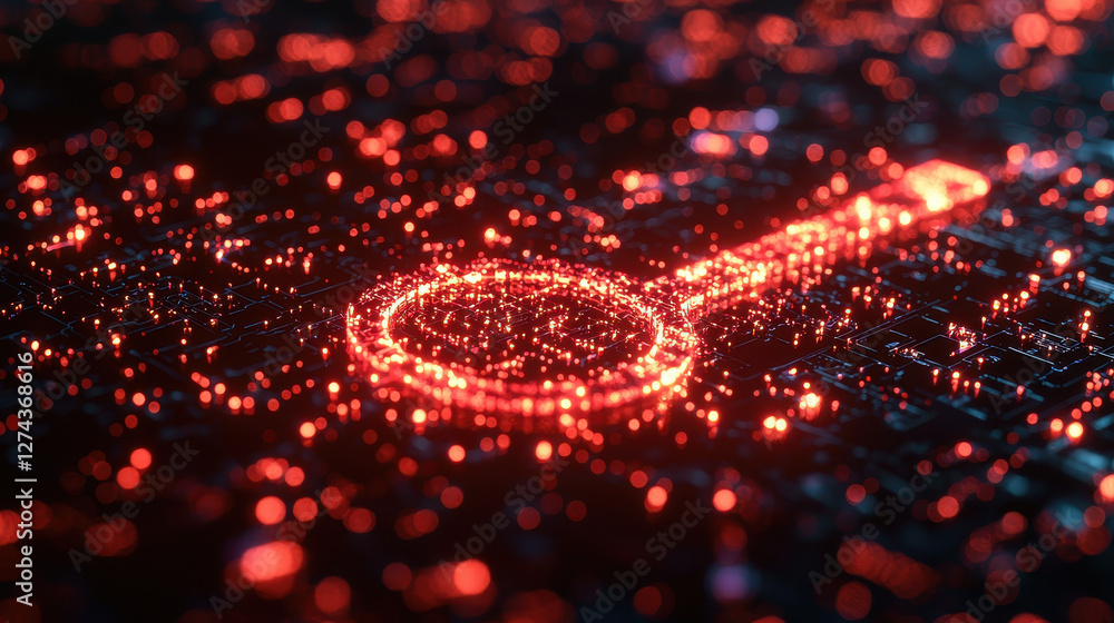 Poster detailed focus on a glowing digital key highlighting advanced encryption in cyber security