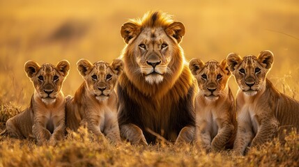 Lions in golden grasslands with cubs during sunset, majestic family portrait of African wildlife in natural habitat, wildlife conservation theme.