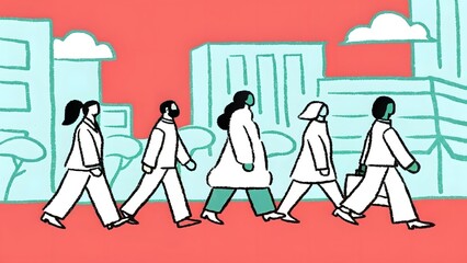 Cartoon illustration of diverse group of women walking together, symbolizing female empowerment and unity