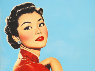 a 1950s advertising illustration of an asian woman on solid background, room for text