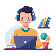 man in headphones, studying at laptop. Happy female student watching business webinar. Video conference call, remote work communication. Flat vector illustration isolated on white background