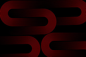 Abstract red glowing geometric lines on black background. Modern gold diagonal rounded lines pattern. Horizontal banner template. Vector illustration.