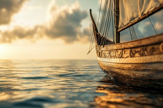 A classic viking ship sailing on the water in the beautiful sunset light, reflecting on the calm water and creating a peaceful, serene scene, boat trip and adventure.