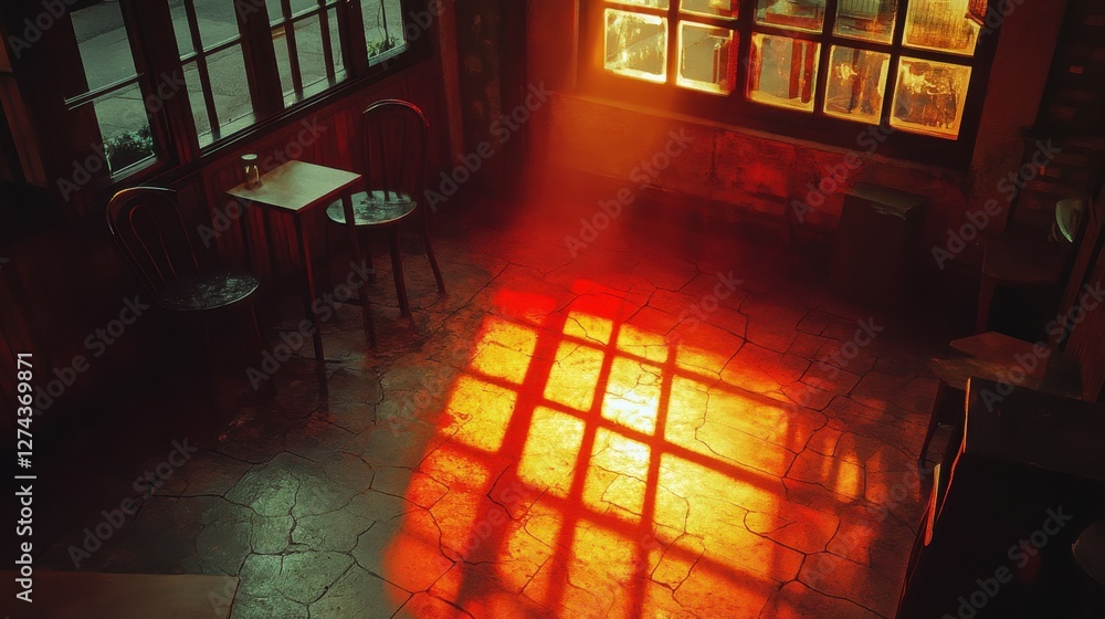 Poster warm sunlight streaming through old window casting grid shadow in vintage room creating cozy atmosph