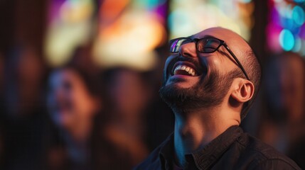 Obraz premium Man laughing joyfully in a colorful venue with vibrant reflections, capturing the essence of happiness and engagement in social events.