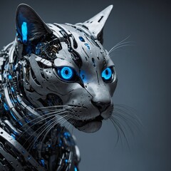 A futuristic robotic cat with neon-blue LED eyes.