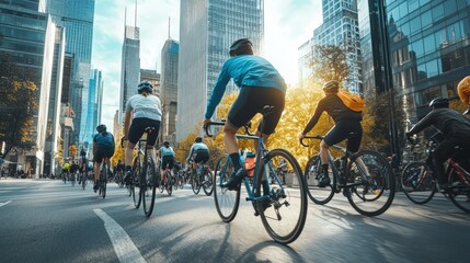 Urban Cycling Collective: A vibrant cycling group pedals swiftly through a bustling city center, amidst towering skyscrapers and dynamic urban life. capturing the speed, motion.