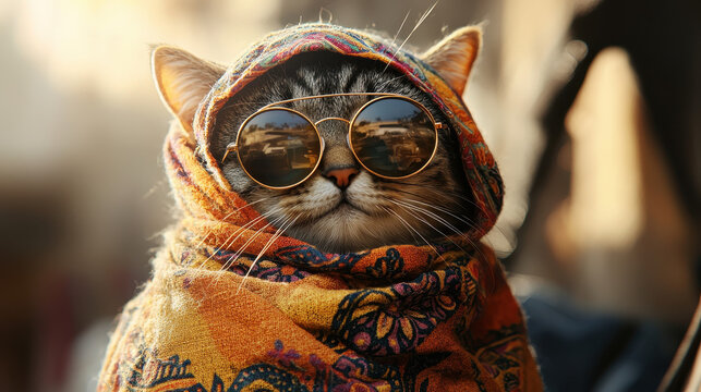 Cat in bohemian hippie outfit with bandana and sunglasses exudes chill vibes