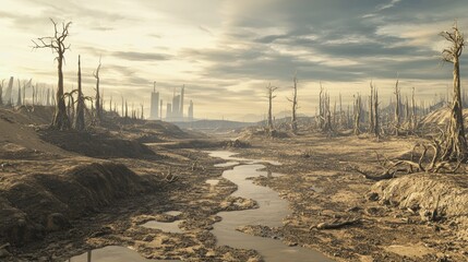 Barren Polluted Landscape with Dried Trees and Distant Structures