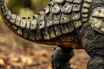 Obraz premium Detailed close-up of a dinosaur's textured tail and leg, showcasing its scales and skin with earthy tones against a blurred natural backdrop.