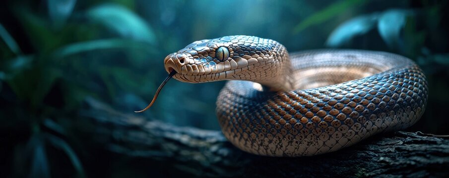 Wildlife encounter python coils around tree branch dense rainforest safari nature photography