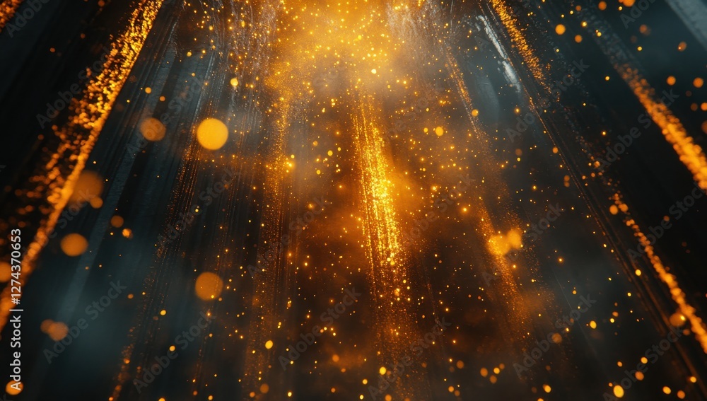 Poster vibrant golden particles and light rays in dark background creating a magical and enchanting atmosph