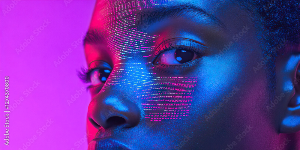 Poster close-up of face with projected computer code