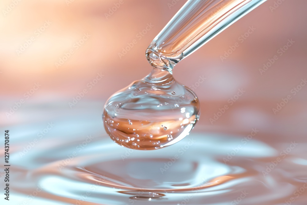 Poster close-up view of a glossy dropper releasing a droplet into clear liquid. generative ai.