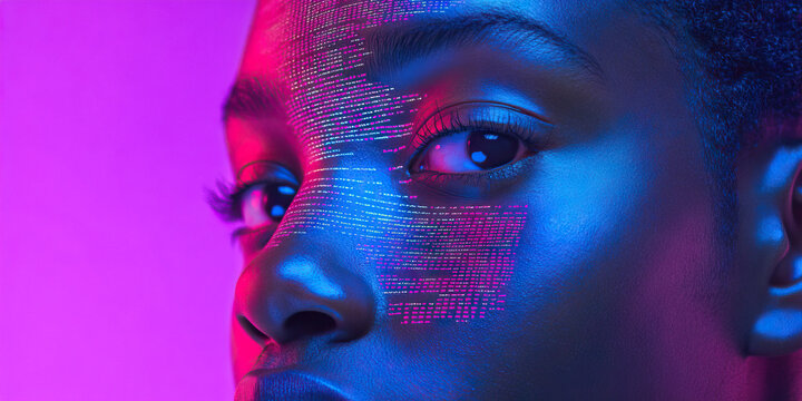 Close-up of Face with Projected Computer Code