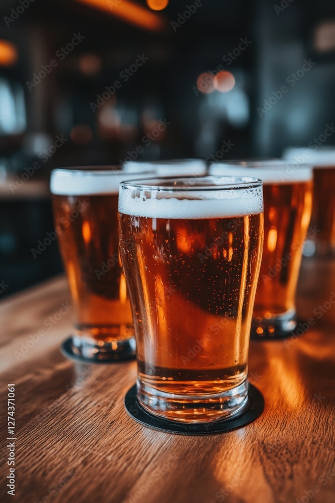 Poster golden beer glasses on a wooden table reflecting ambient light in a bar setting with a blurred backg