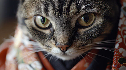 Cat in a traditional Japanese kimono showcasing elegant floral patterns and a wise gaze