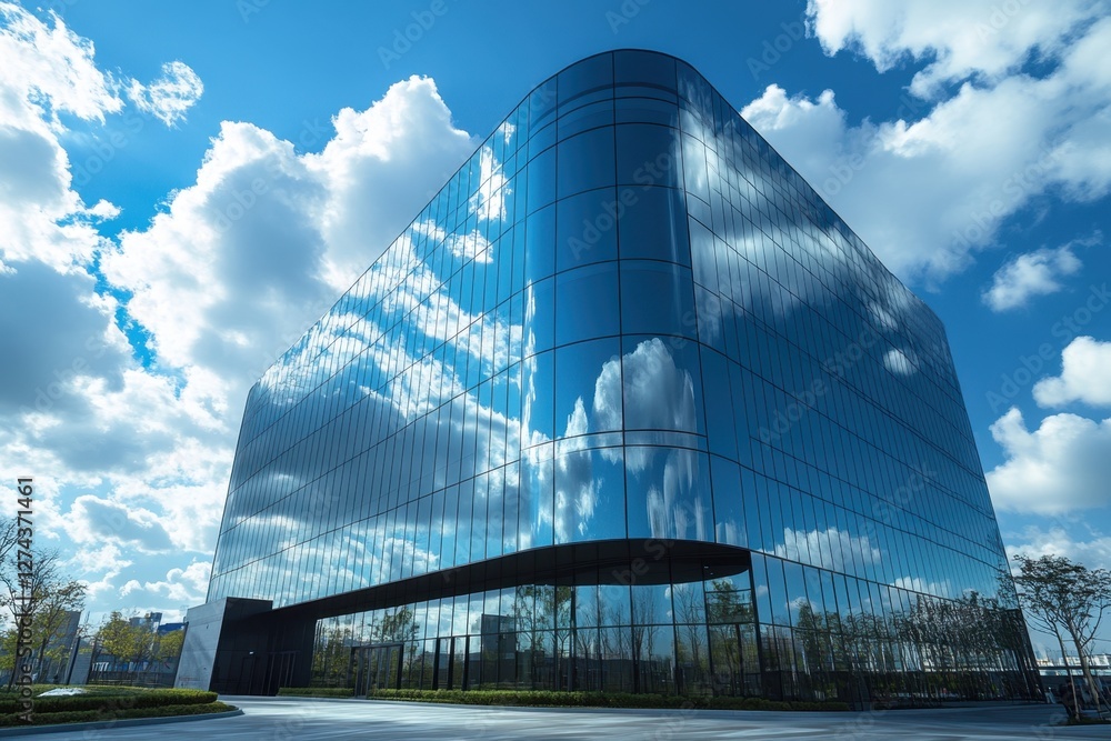 Poster modern architecture reflecting a bright blue sky with fluffy white clouds creating a serene and dyna