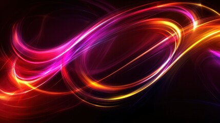 An abstract digital rendering features swirling, luminous lines of pink, orange, and yellow against a dark background, resembling light trails or energy currents