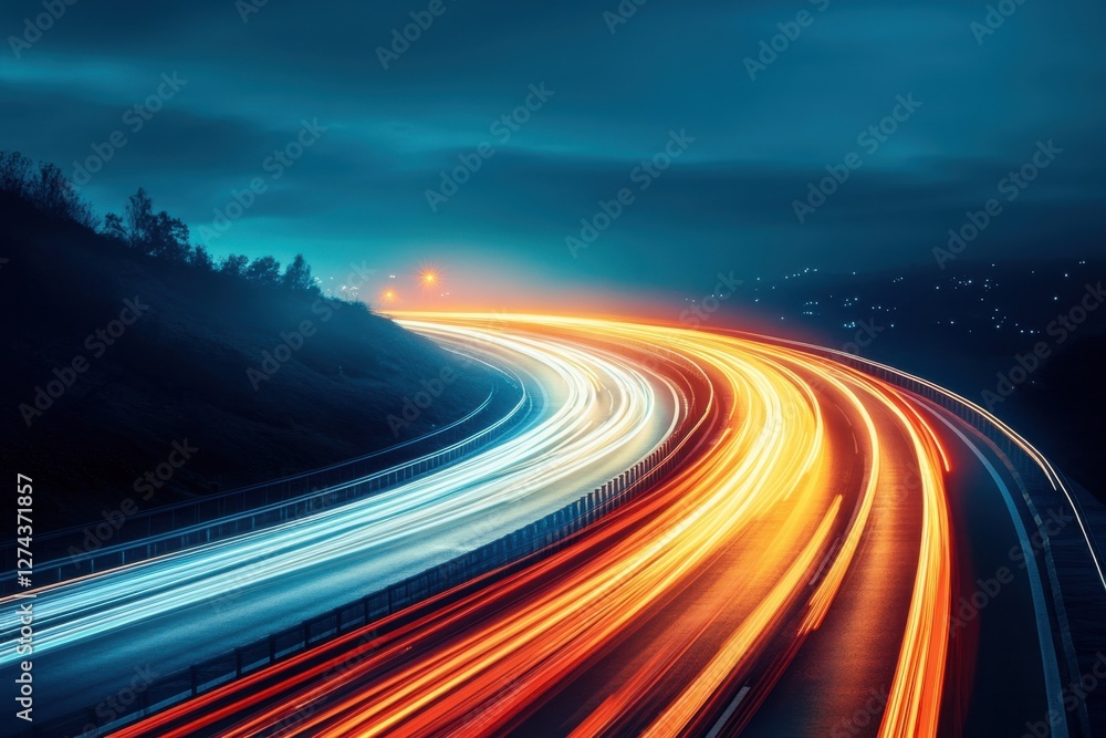 Poster dynamic highway at night with vibrant light trails creating a sense of speed and modern transportati