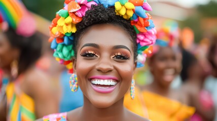 Fototapeta premium A joyful woman smiles brightly, adorned with a colorful floral headdress, surrounded by cheerful friends in a vibrant, festive setting, Black History Month
