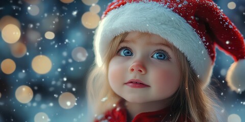 Young child in a festive red hat gazes at falling snow under twinkling lights during the holiday...