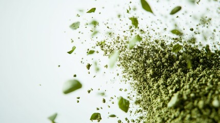 Close-up of green powder and leaves dispersing in the air against a light background, showcasing texture
