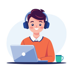 man in headphones, studying at laptop. Happy female student watching business webinar. Video conference call, remote work communication. Flat vector illustration isolated on white background