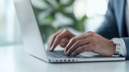 Work Process: Hands in a Suit Typing on a Laptop with a Blurred Office Background (Gestures, Technology, Professionalism)