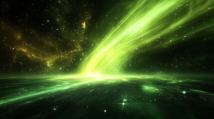 Obraz premium A close-up of neon-green aurora rays piercing through the darkness over a winter landscape