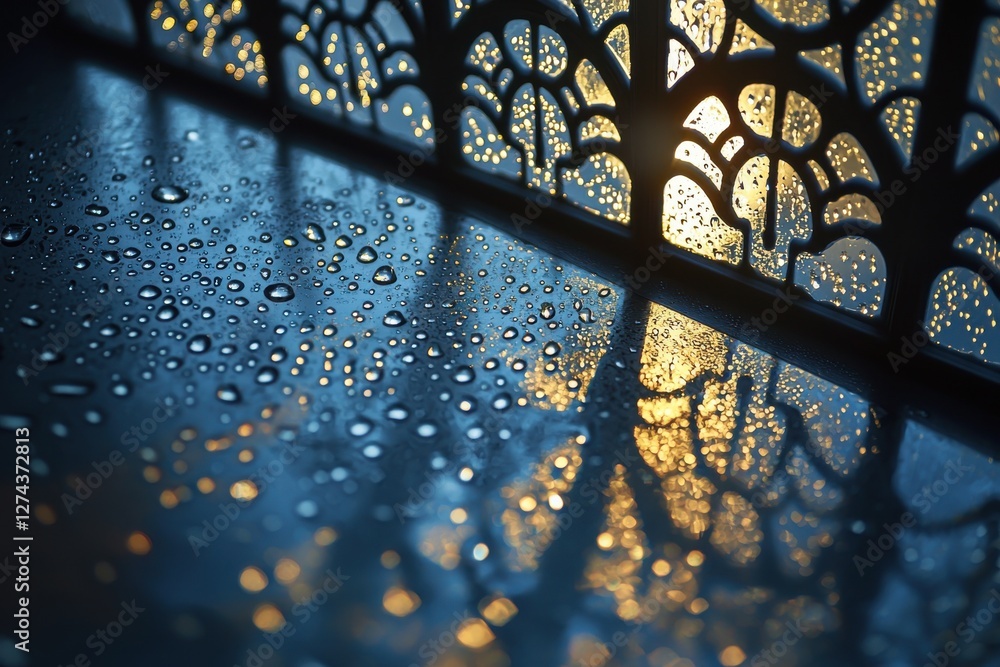 Poster abstract view of window pane covered in water droplets with blurred golden light, creating a dark mo