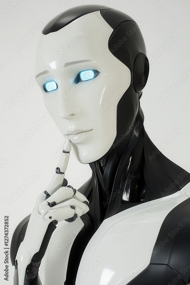 Poster modern humanoid robot deep in thought, showcasing advanced ai technology and futuristic design, idea
