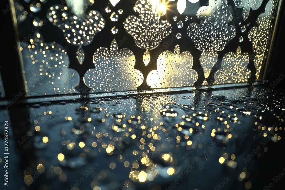 Poster close-up on a decorative window with water droplets, reflecting golden sunlight and creating abstrac