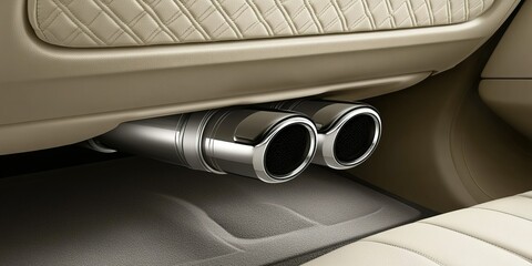 Detailed view of dual chrome exhaust tips under a luxury car dashboard highlighting modern automotive design and engineering craftsmanship