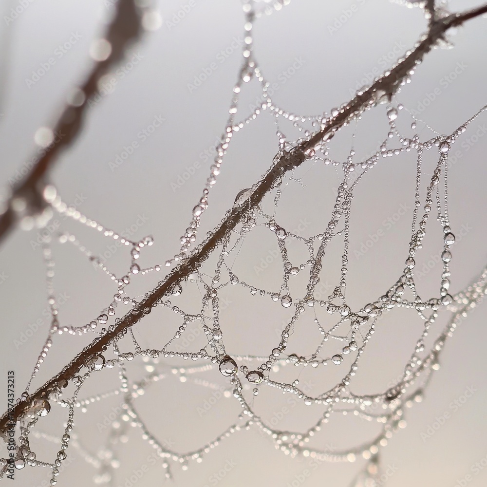 Aufkleber intricate spiderweb adorned with dewdrops, creating a delicate and shimmering pattern against a soft