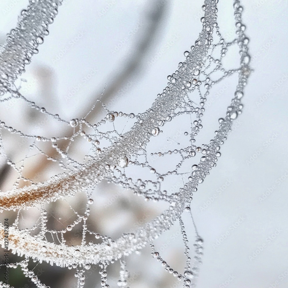 Poster a mesmerizing macro shot of a spiderweb covered in dewdrops, creating a glistening, ethereal network
