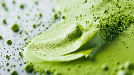 Close-up of vibrant green matcha powder spread artistically on a surface, showcasing texture and color