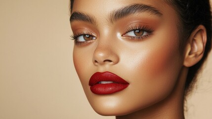 Fototapeta premium A close-up portrait of a woman with stunning makeup, featuring bold red lips and glowing skin against a soft, warm background.