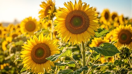 Obraz premium Lush sunflower field with ripe seeds and colorful petals under the sun
