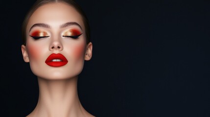 A stunning makeup look featuring bold red lips and vibrant eye makeup, highlighting beauty and elegance against a dark background.