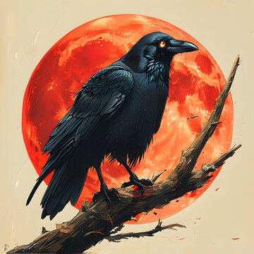 Raven on a Branch with a Blood Moon