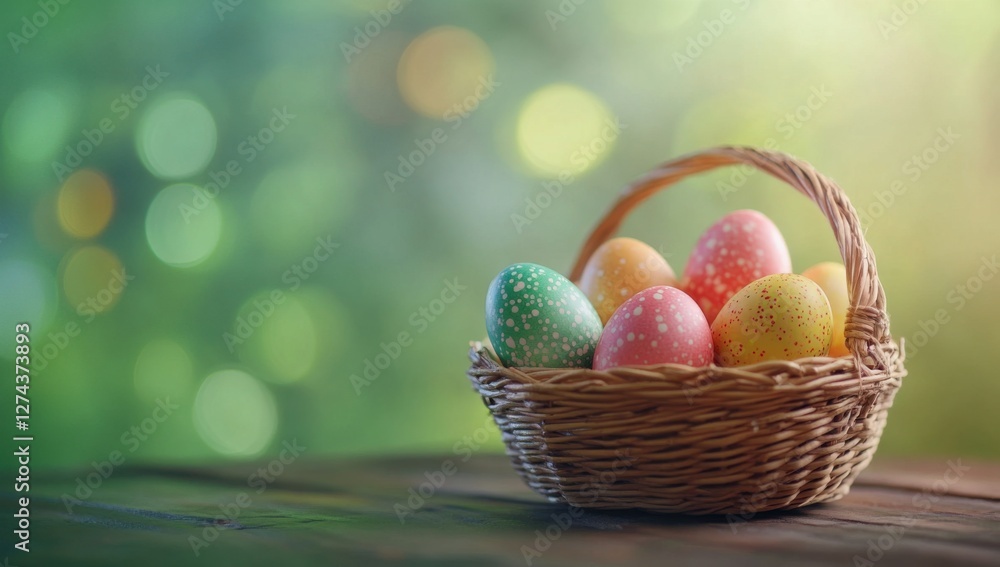 Poster colorful easter eggs in a basket on a wooden table against a green bokeh background, with copy space