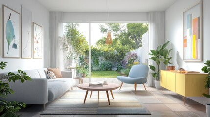 Modern living room garden view, sunlight, interior design, home decor, relaxation