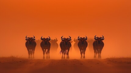 Silhouettes of wildebeests during the great migration serengeti wildlife safari photography golden hour dramatic perspective