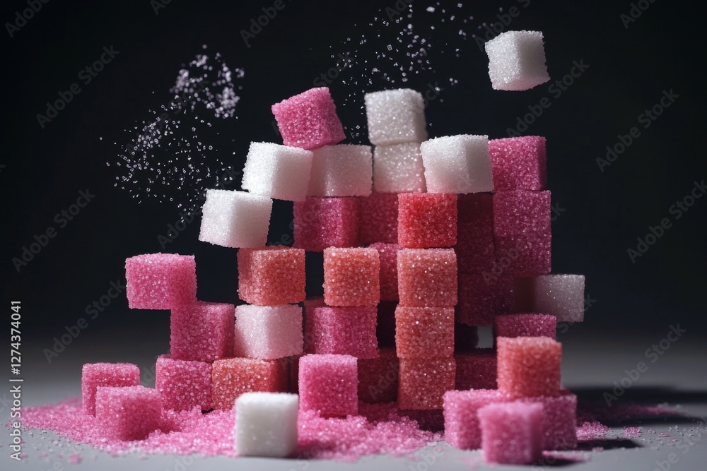Poster stacked sugar cubes in various colors tumble and scatter on a dark surface, showcasing a playful art
