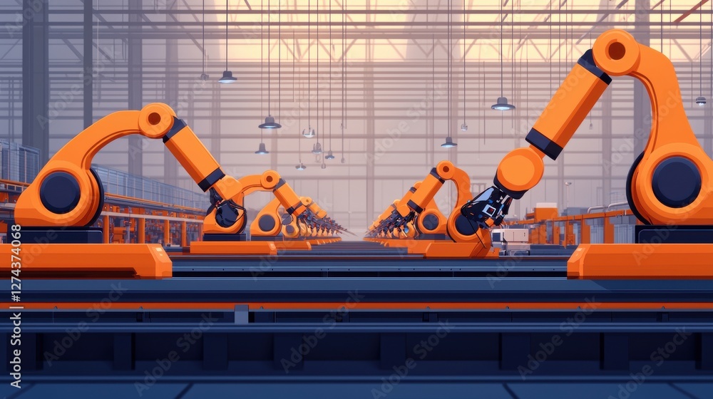 Poster a modern industrial setting featuring multiple orange robotic arms positioned along a production lin